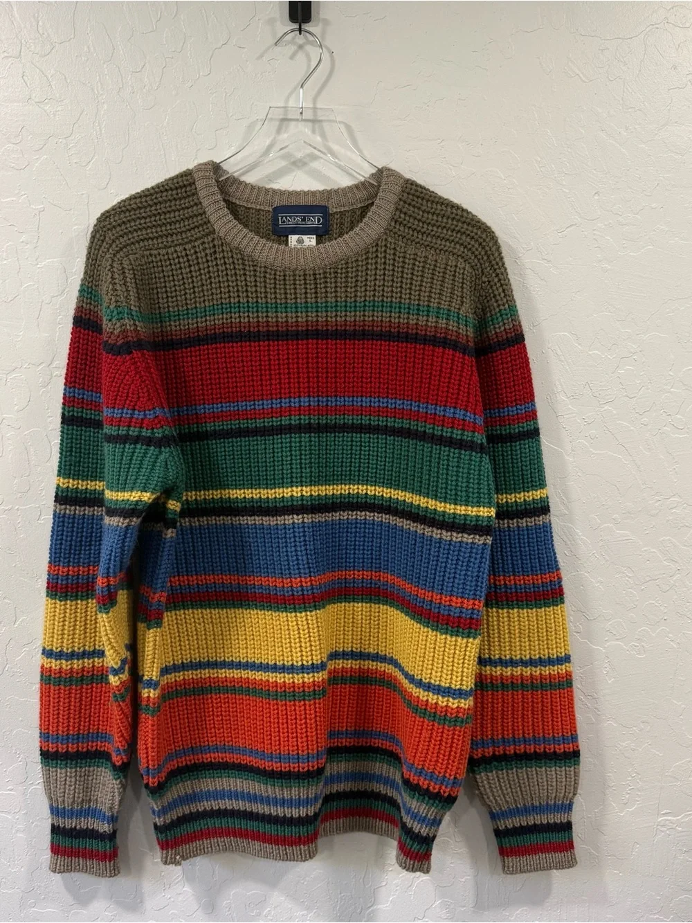 Eddie Bauer Vintage 100% Wool Knit Stripe Crew Neck Sweater Size L